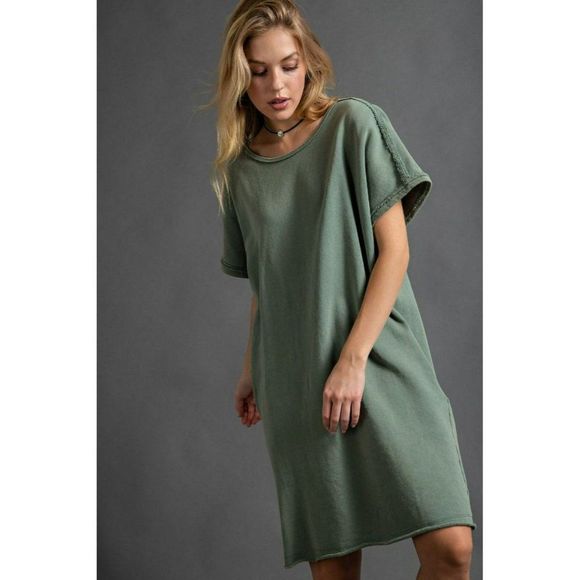 Easel Oversized Mineral Washed Terry Boxy Dress in Juniper Green New - Picture 3 of 5